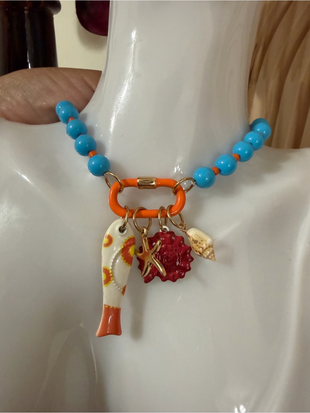 Blue Beaded Necklace with Orange Accents and Nautical Charms